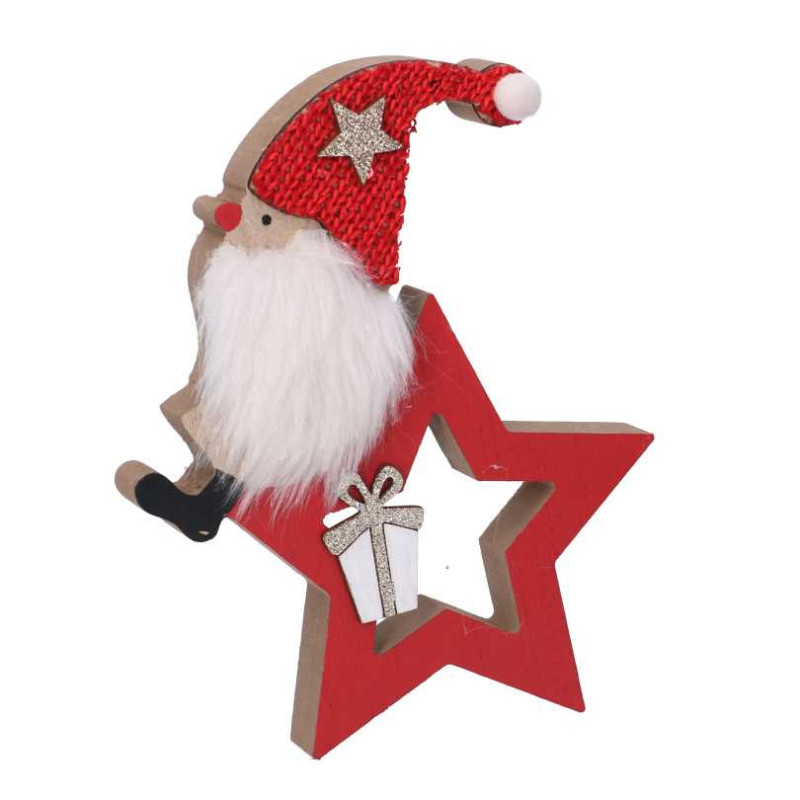 Set di 4 Stelle Legno con Babbo Natale Rosso 20 cm Addobbo