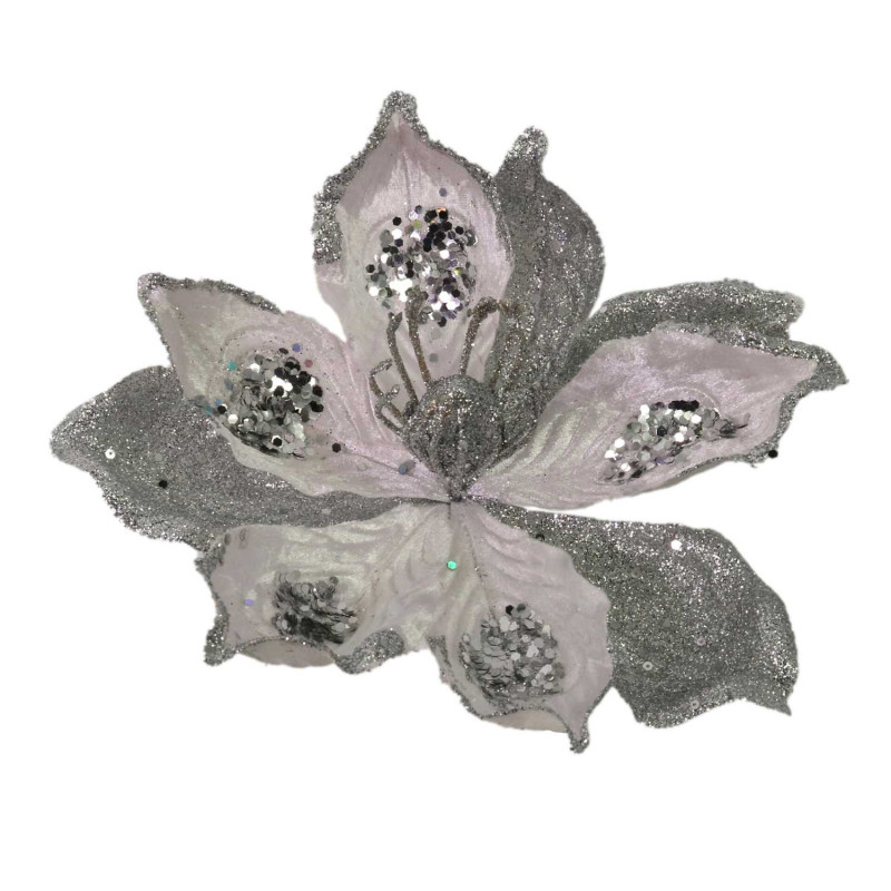 Set 6 Fiori Tessuto Argento Ø24x27 cm Decorazione Casa Natale