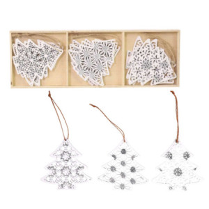 Set 2 Alberi Legno Bianco con 9 Decorazioni 26x15x9 cm
