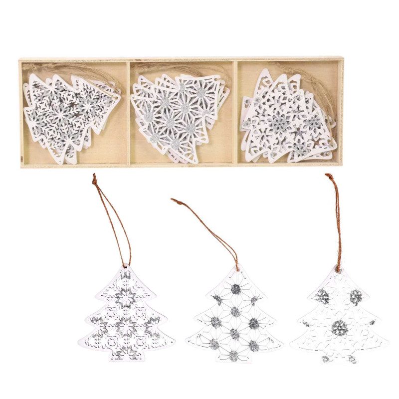 Set 2 Alberi Legno Bianco con 9 Decorazioni 26x15x9 cm