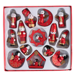 Set 2 Addobbi Albero Legno Rosso Oro 20,5x19,5xH3 cm 14 pz Natale