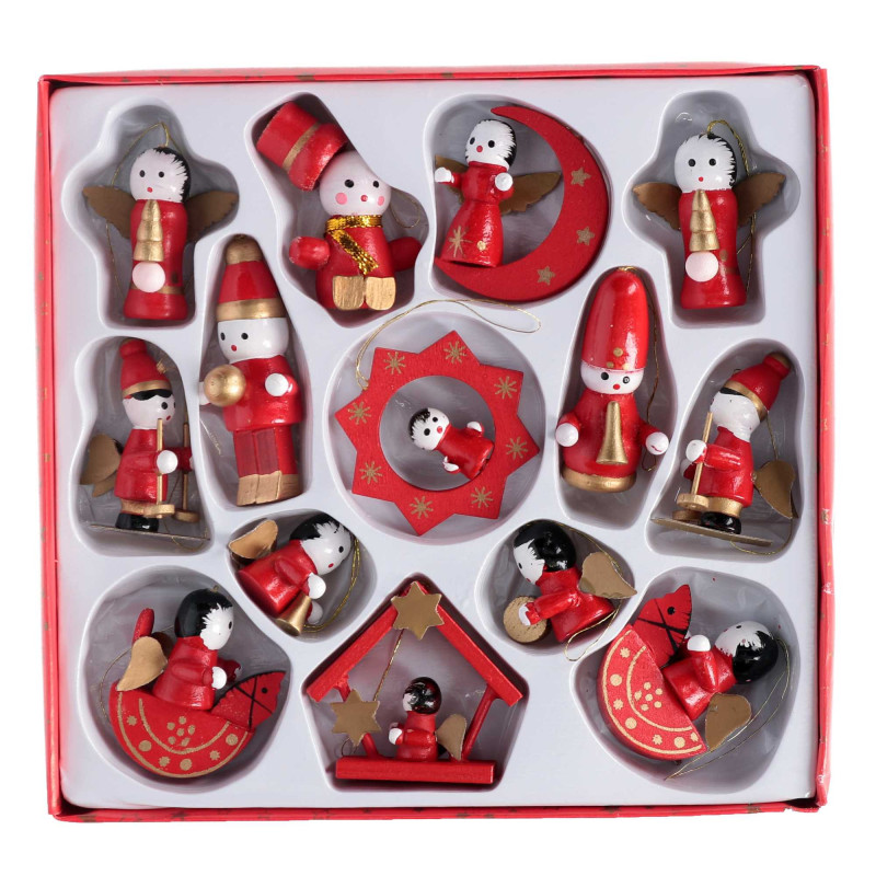 Set 2 Addobbi Albero Legno Rosso Oro 20,5x19,5xH3 cm 14 pz Natale