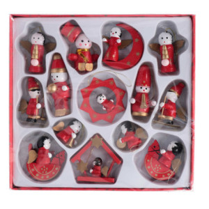 Zoom Set di 2 Addobbi per albero legno confezione 14pz rosso e oro cm 20,5x19,5h3