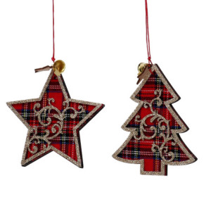 Set 8 Addobbi Legno Rosso Scozzese 2 Assortiti 9,3x0,8x11,3 cm