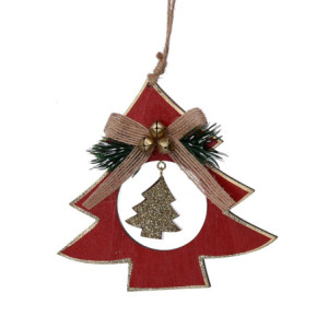 Set 6 Alberi Legno Oro e Rosso 9,5x9,5x2 cm Decorazioni Natale