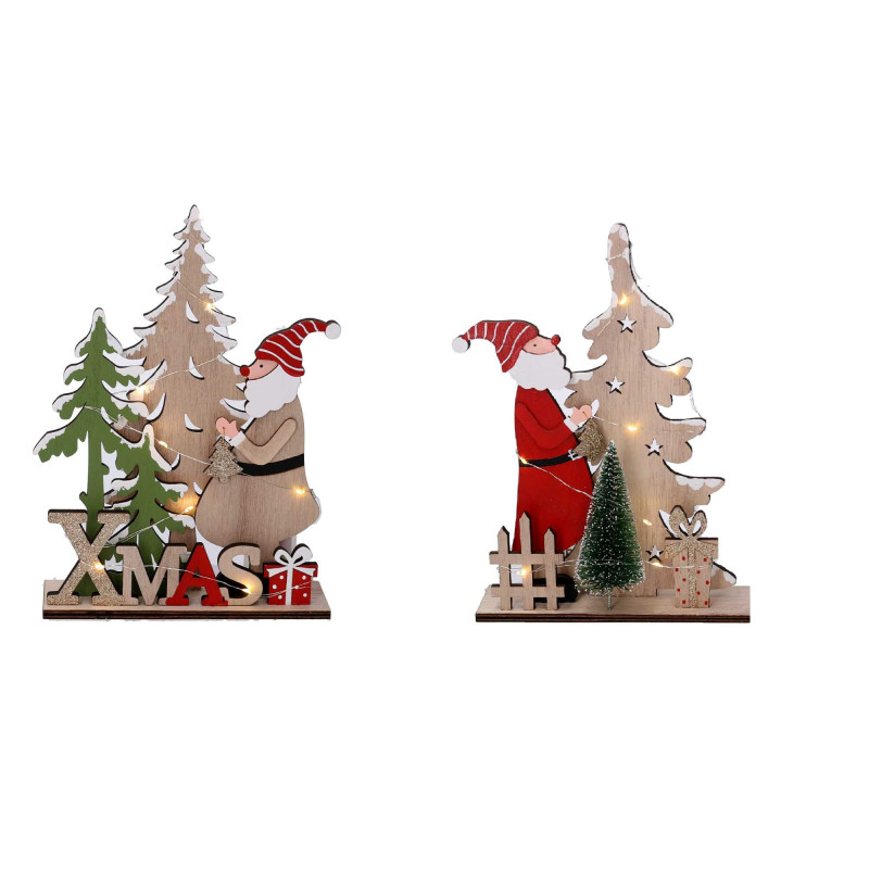 Set di 2 Babbi Natale Legno Rosso con LED 25,6 cm - Decorazioni