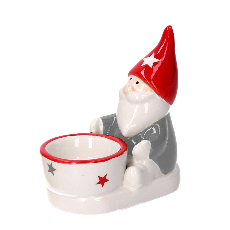 Set 4 Portacandele Ceramica Gnomo Grigio Rosso 10x6,5x10,5 cm