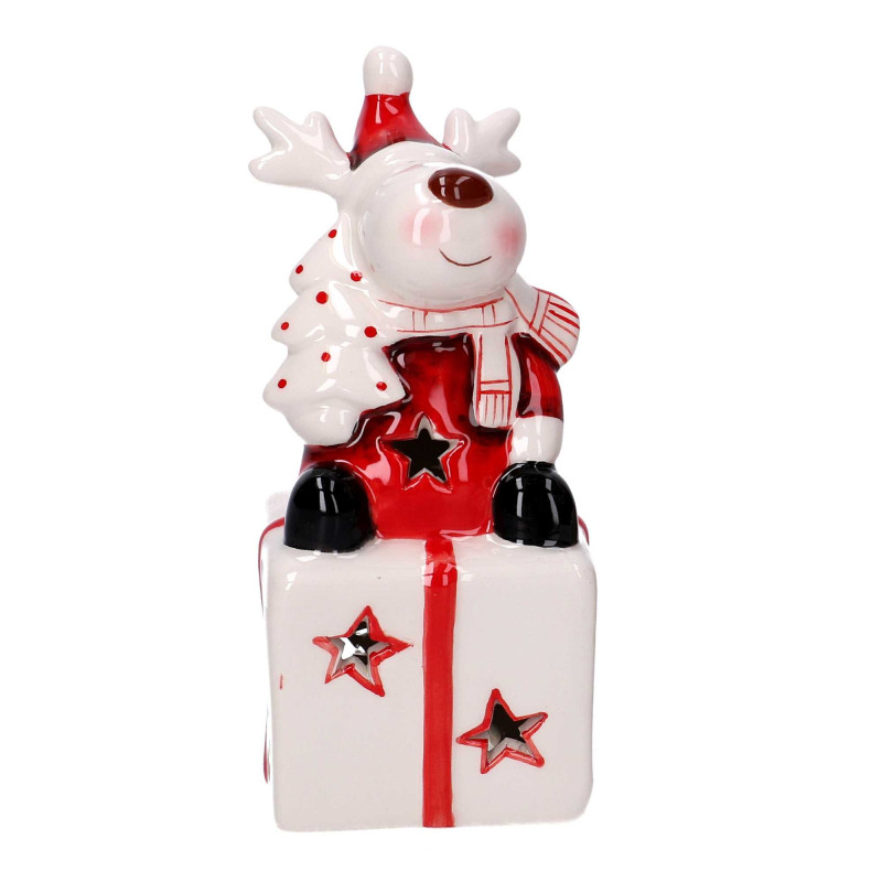 Set 4 Pacchi Regalo Ceramica Bianco Rosso Renna LED 7x6,5x14 cm