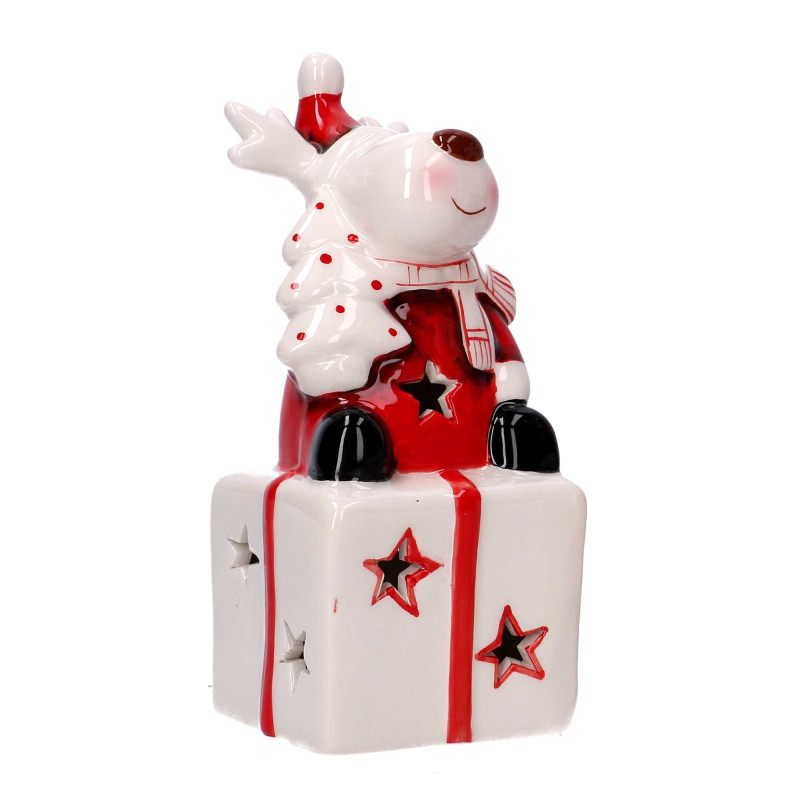 Set 4 Pacchi Regalo Ceramica Bianco Rosso Renna LED 7x6,5x14 cm