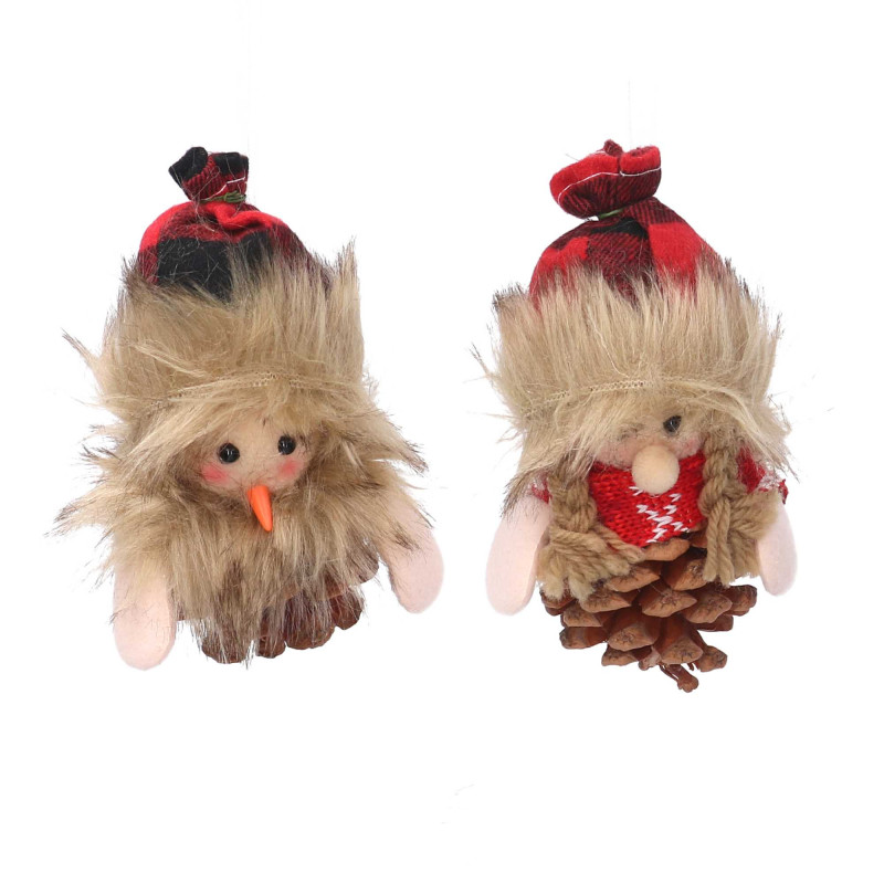 Set 6 Pigne Tessuto Pupazzo Rosso 8x6x14 cm Decorazione Natale