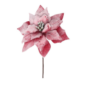 Set 12 Fiori Tessuto Stella di Natale Innevato Rosso Ø14x20 cm