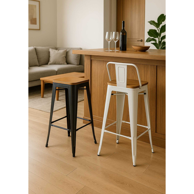 Sgabello ferro New Bristol bianco seduta legno 42x42x77-94 cm