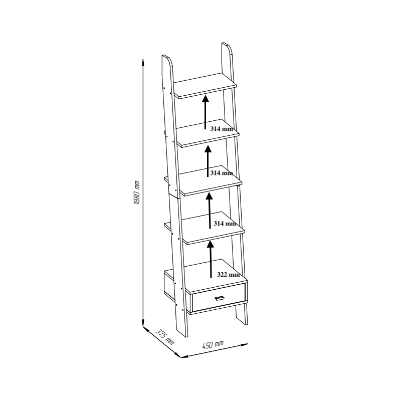 Scaffale a scala bianco 188x45x37 cm con cassetto moderno
