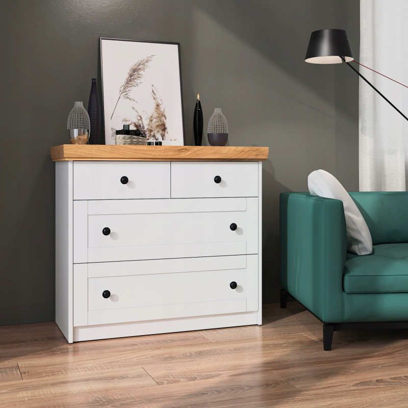 Cassettiera bianca scandinava 4 cassetti maniglie metallo moderna