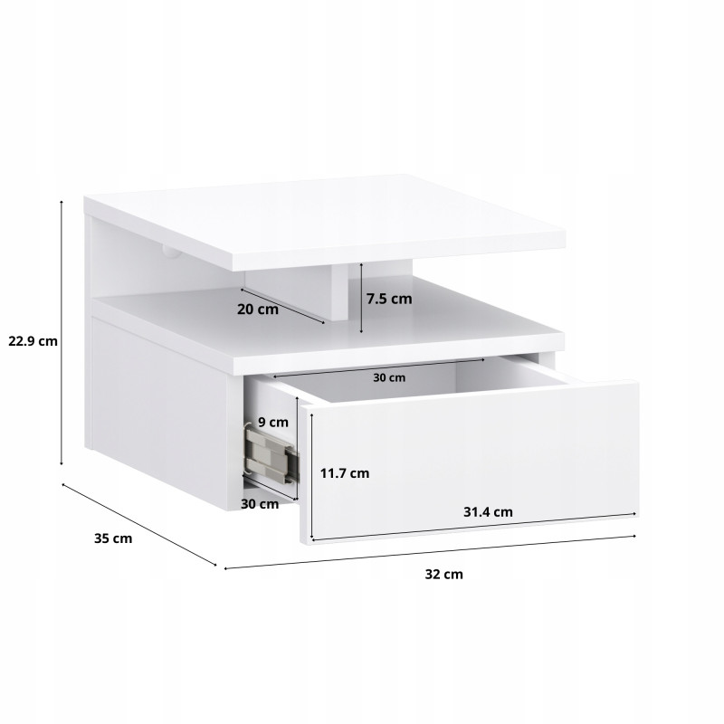 Comodino Bianco da Parete con Cassetto 32x35x23 cm Moderno