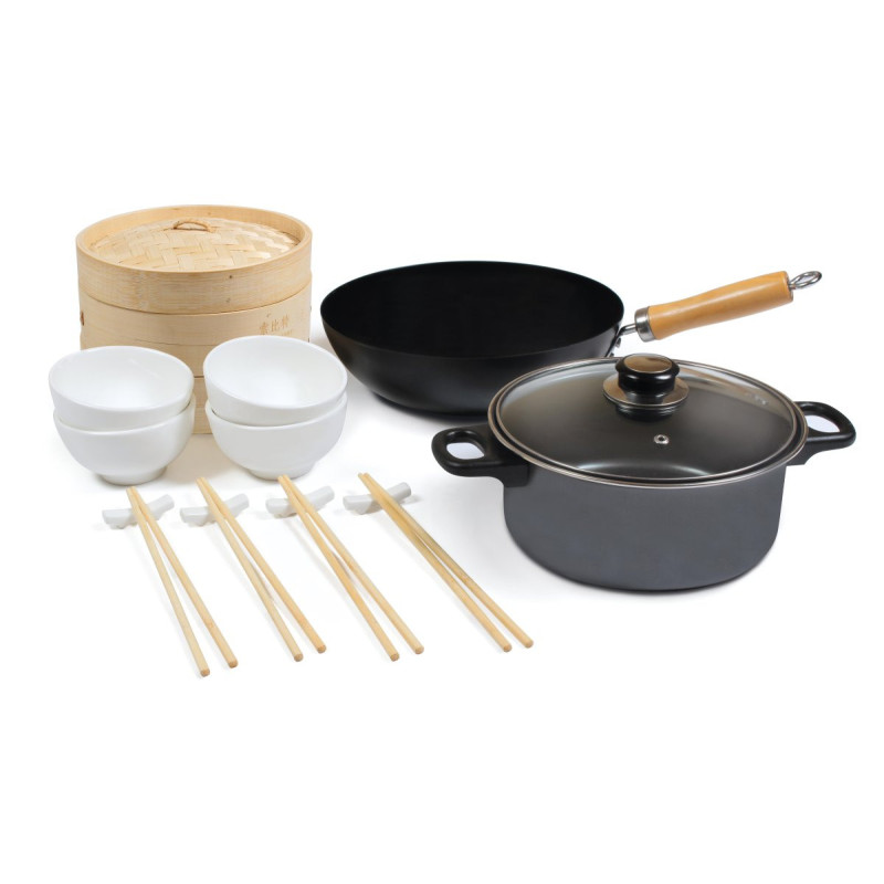 Set Wok 22 pz Kyoto carbon steel Ø28 cm - cucina orientale completa