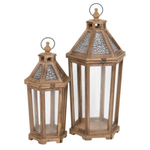 Set 2 Lanterne Adeline In Legno Marrone Con Tetto In Metallo