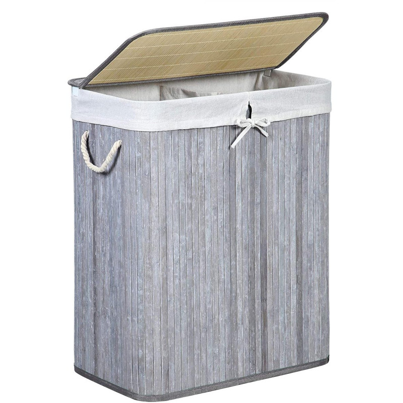 Portabiancheria Pieghevole Bamboo Grigio 2 Scomparti 52x32x63cm