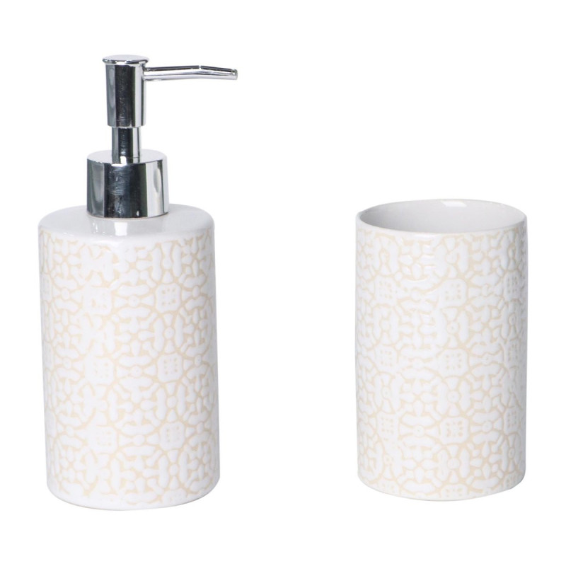 Set 2 Pezzi Maiolica Ceramica Beige Dosatore e Portaspazzolino