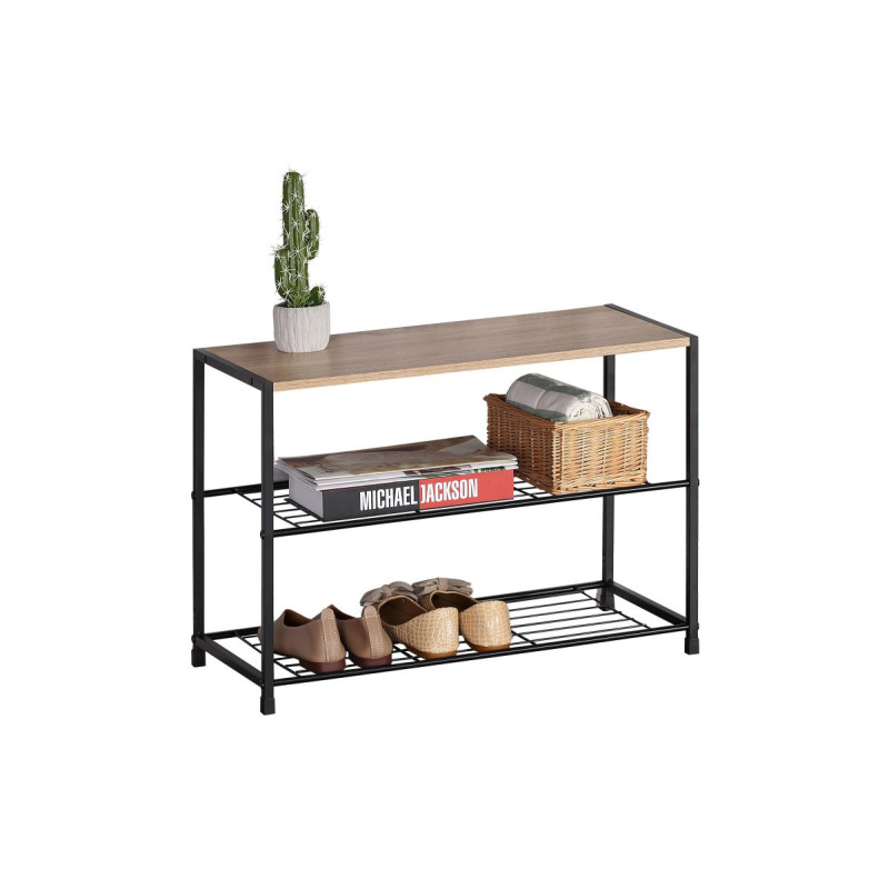 Panca Scarpiera 3 Ripiani Legno Naturale Metallo Nero 63x30x43cm
