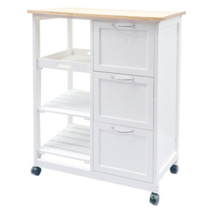Carrello Cucina Milton 3 Cassetti Vassoio E 2 Mensole Bianco E Naturale