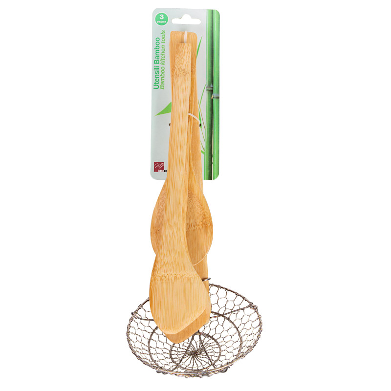 Set 6 Confezioni 3 Pezzi Cucchiaio Pinza Schiumarola Bambù
