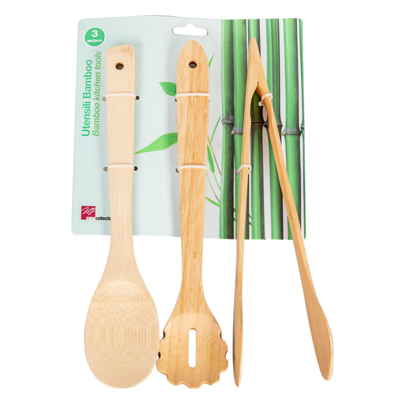 Set 6 Confezioni 3 Pezzi Utensili Cucchiaio Pinza Servispaghetti Bambù