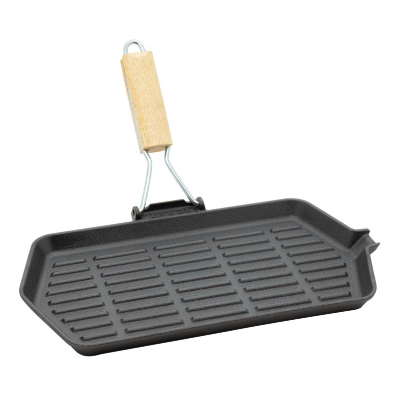 Set di 6 Bistecchiere In Ghisa Rettangolare Cm 34x21 Manico Pieghevole Inserto Legno