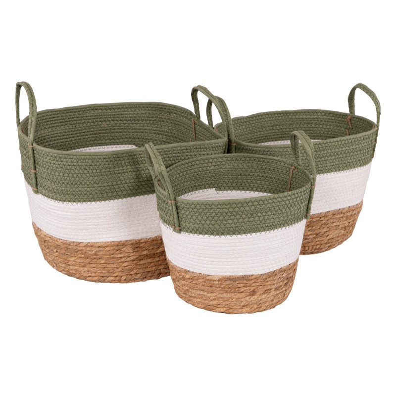 Set 2 confezioni 3 cesti Zelda paglia bianco verde naturale manici