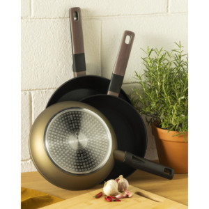 Zoom Set di 4 confezioni 2 Padelle 24/28 Brown Brush Alluminio Forgiato Manico Inserto Effetto Legno