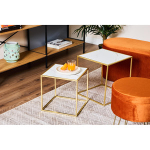 Zoom Set di 4 confezioni 2 Tavolini Quadrati Messina Bianco Marmo E Oro