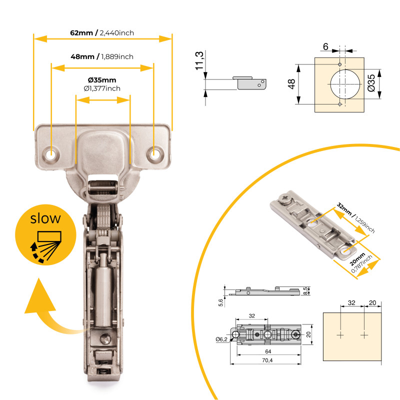 Lotto di 20 cerniere collo alto X91 con chiusura soft e Basetta a vite, altezza 1, Acciaio, Nichelato