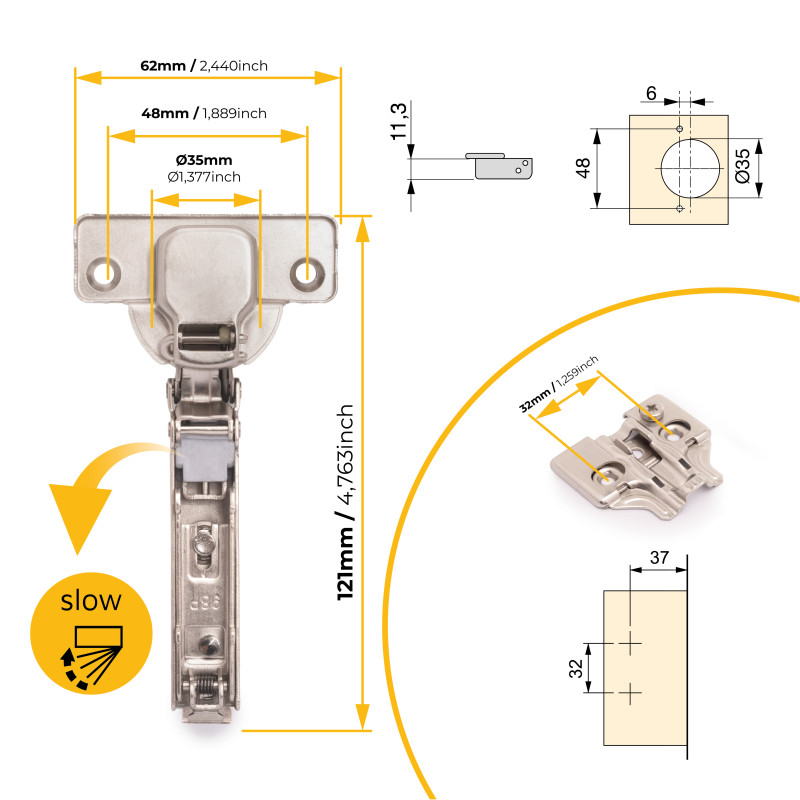 Emuca Lotto di 20 cerniere collo dritto X92 con chiusura soft e basette a vite, altezza 0, Acciaio, Nichelato