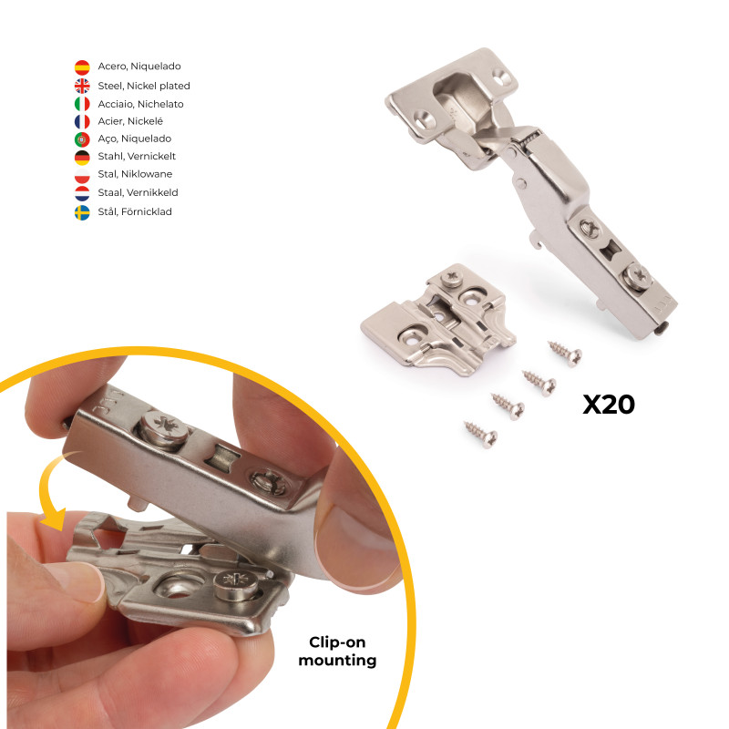 Lotto di 20 cerniere mezzo collo X92 con chiusura soft e basette a vite, altezza 0, Acciaio, Nichelato
