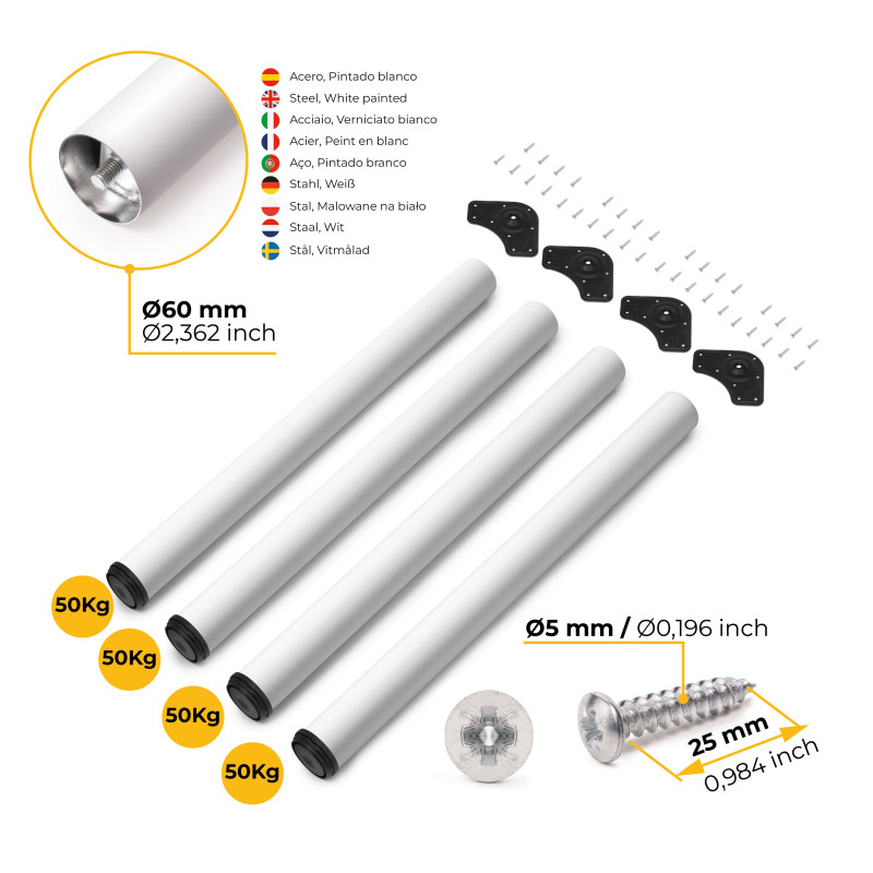 Lotto di 4 gambe per tavolo, diametro 60mm, H 830mm, Acciaio, Verniciato bianco