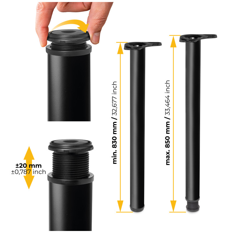 Lotto di 4 gambe per tavolo, diametro 60mm, H 830mm, Acciaio, Verniciato nero