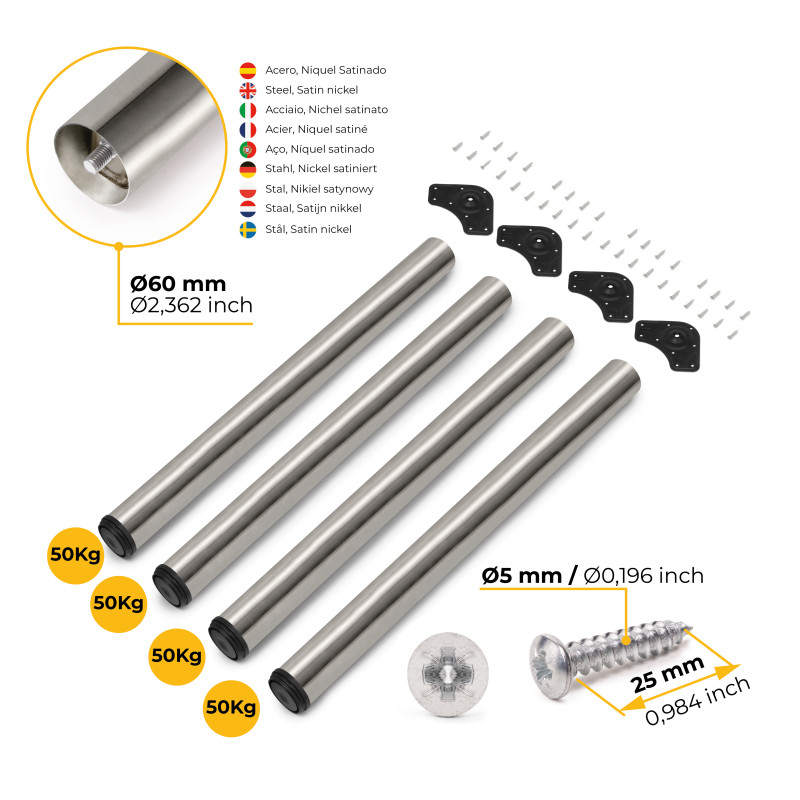 Lotto di 4 gambe per tavolo, diametro 60mm, H 830mm, Acciaio, Nichel satinado