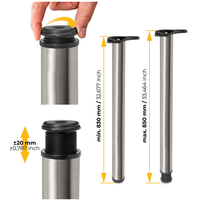 Lotto di 4 gambe per tavolo, diametro 60mm, H 830mm, Acciaio, Nichel satinado