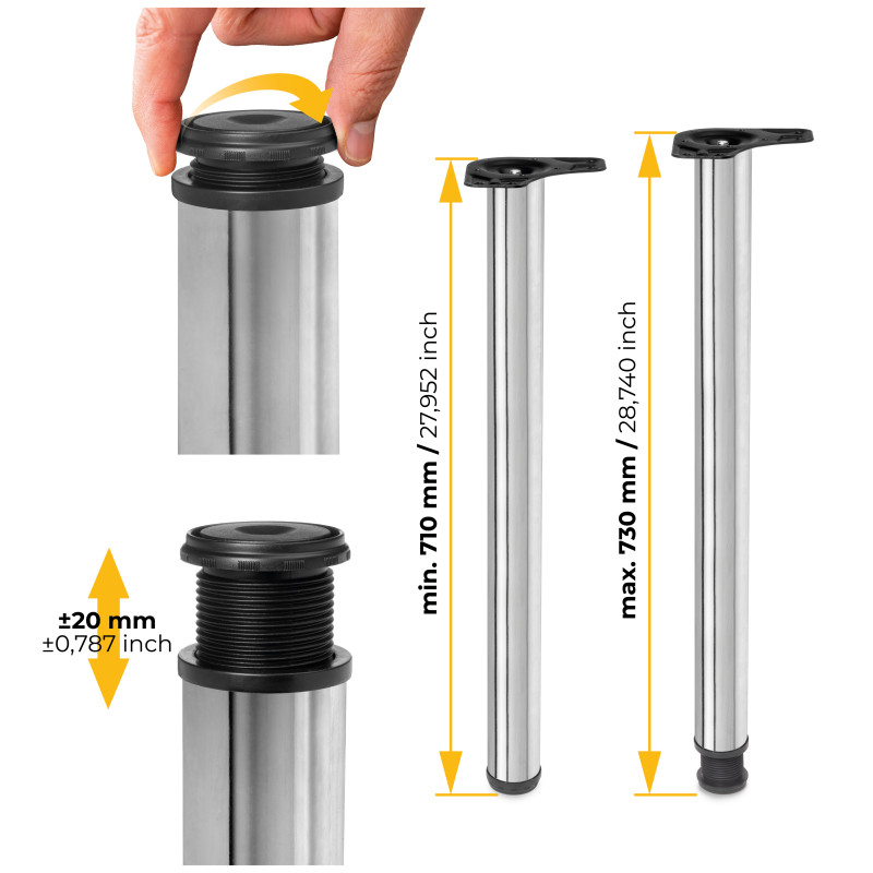 Lotto di 4 gambe per tavolo, diametro 60mm, H 710mm, Acciaio, Cromato lucido