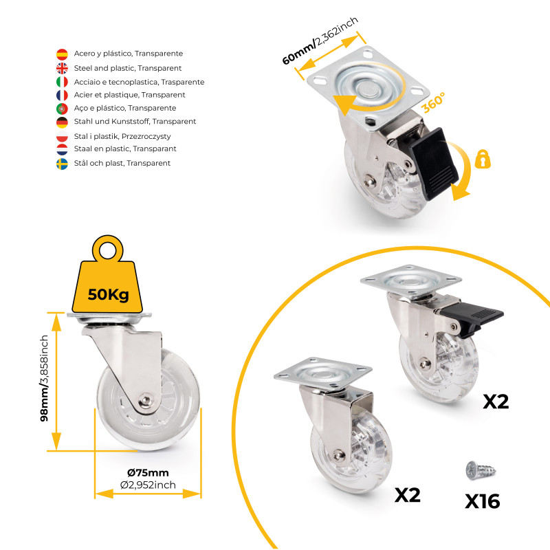 Lotto di 4 ruote Slip trasparenti con piastra di montaggio, diametro 75 mm, Acciaio e Tecnoplastica