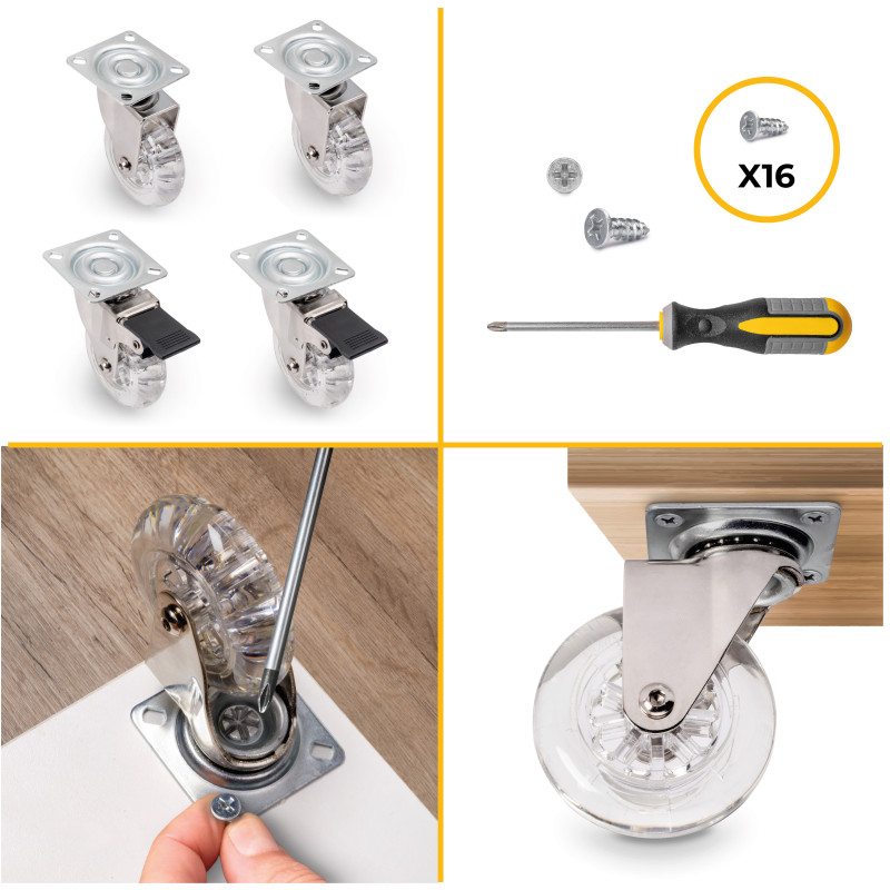 Lotto di 4 ruote Slip trasparenti con piastra di montaggio, diametro 75 mm, Acciaio e Tecnoplastica