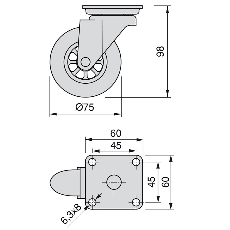 Lotto di 4 ruote Slip trasparenti con piastra di montaggio, diametro 75 mm, Acciaio e Tecnoplastica