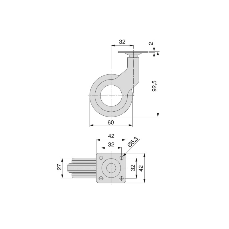 Lotto di 4 ruote Hole 2 con piastra di montaggio, diametro 60 mm, Acciaio e plastica, Tecnoplastica grigio
