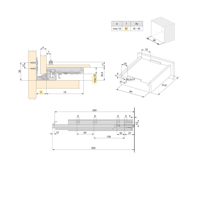 Set di guide per cassetti a scomparsa Silver, estrazione totale, con chiusura soft e aggancio, profondità 340 mm, Acciaio