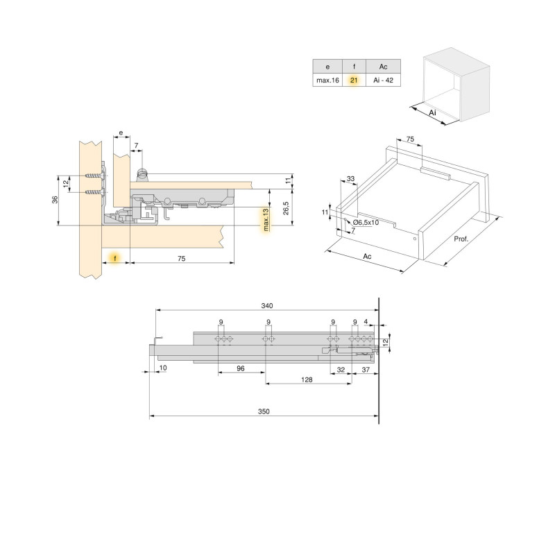 Set di guide per cassetti a scomparsa Silver, estrazione totale, con chiusura soft e aggancio, profondità 390 mm, Acciaio