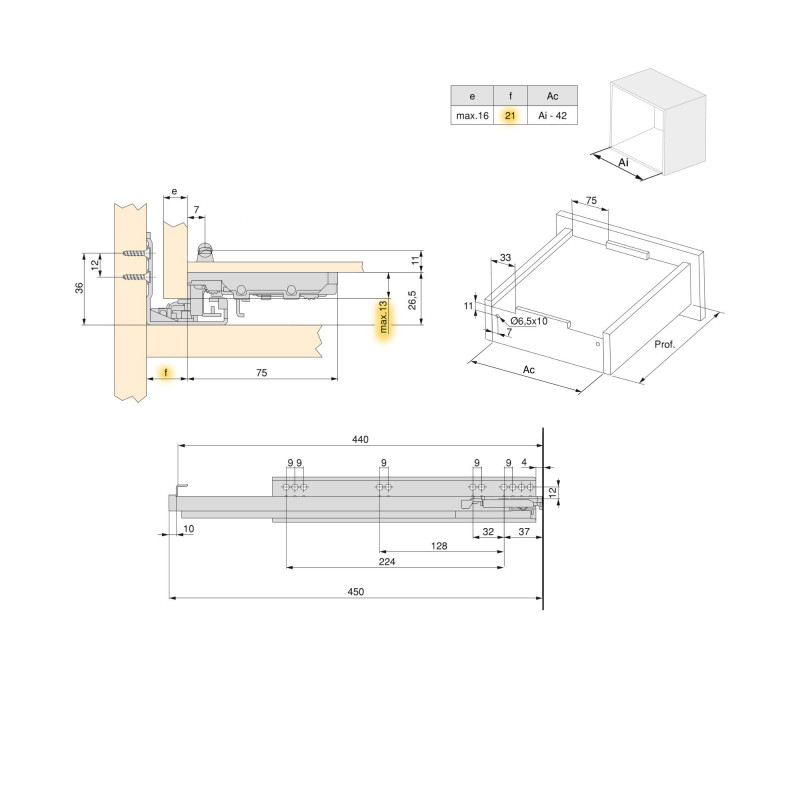 Set di guide per cassetti a scomparsa Silver, estrazione totale, con chiusura soft e aggancio, profondità 490 mm, Acciaio