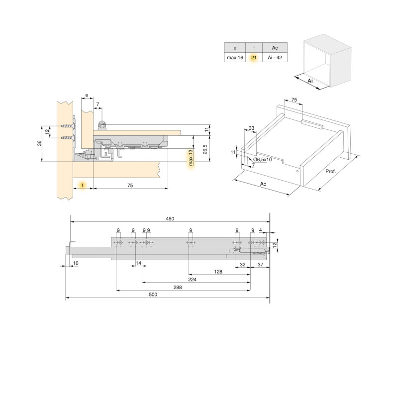 Set di guide per cassetti a scomparsa Silver, estrazione totale, con chiusura soft e aggancio, profondità 540 mm, Acciaio