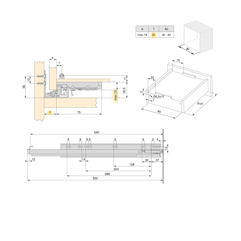 Cassetto esterno Vertex 40 kg con laterale in vetro 93 mm di altezza, 450 mm di profondità, Acciaio, Alluminio e Vetro