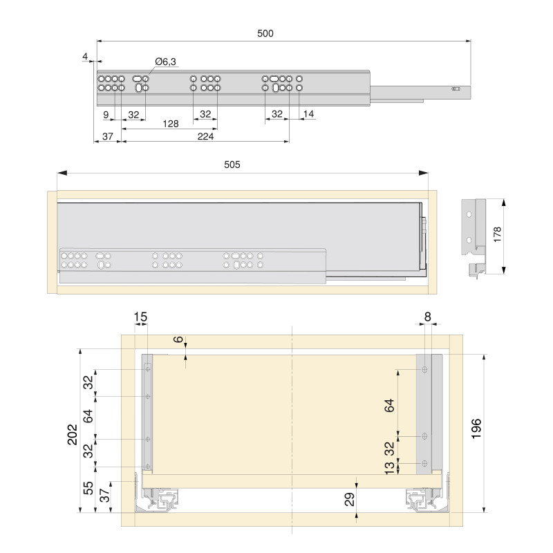 Kit di cassetti per cucina o bagno Vertex con regolazione 3D, altezza 178 mm, con pannelli inclusi, modulo 900 mm, Vernici