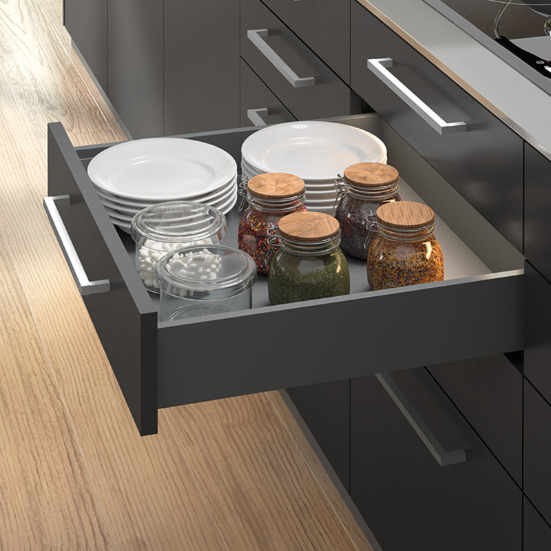 Cassetto esterno Vertex con regolazione 3D altezza 131mm, 40kg, spessore del pannello di 18mm, profondità 400mm, Acciaio